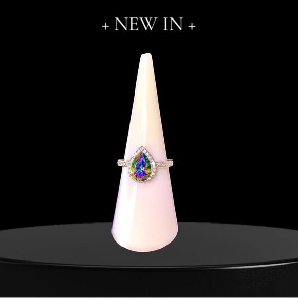 New Exclusively Fancy Mystic Rainbow Teardrop Cut .925 Sterling Silver Ring w CZ - Picture 2 of 10